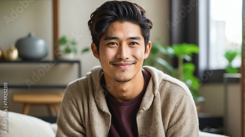 Attractive millenial japanese model guy on cozy home living room looking happy at camera from Generative AI photo