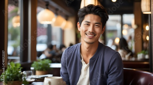 Attractive millenial japanese model guy on cozy restaurant looking happy at camera from Generative AI photo