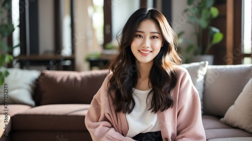 Attractive millenial korean model girl on cozy home living room looking happy at camera from Generative AI