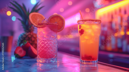 Tropical Cocktails at a Vibrant Neon-Lit Bar Setting.