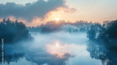 Natural landscape  sunrise  fog. Generative AI.