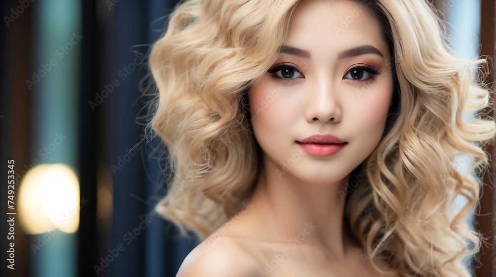 Attractive blonde haired asian woman with elegant hairstyle and light make up with long eye lashes from Generative AI