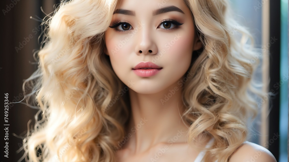Attractive blonde haired asian woman with elegant hairstyle and light make up with long eye lashes from Generative AI