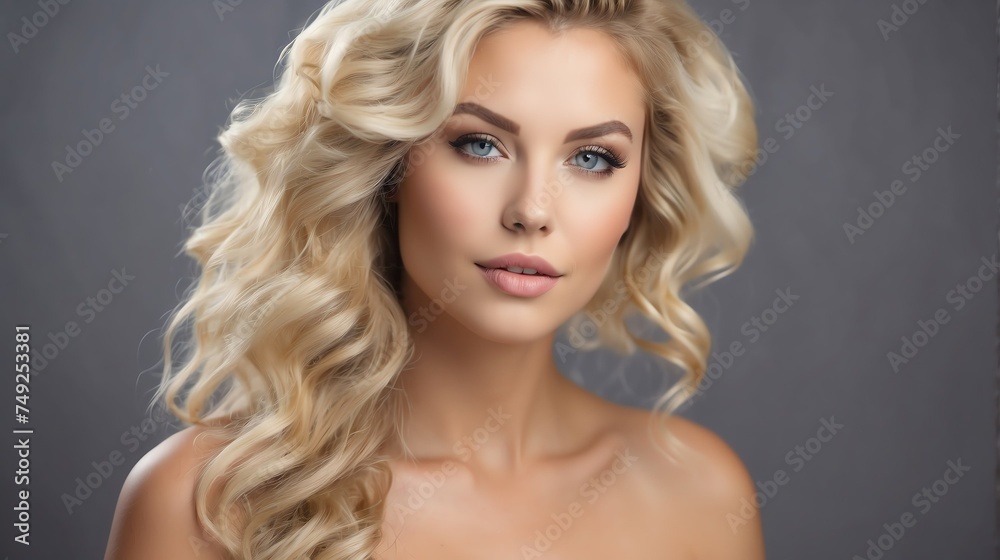 Attractive blonde haired caucasian woman with elegant hairstyle and light make up with long eye lashes from Generative AI