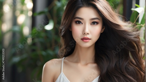 Attractive asian model woman with straight flying hair and light make up with long eye lashes from Generative AI © Arceli