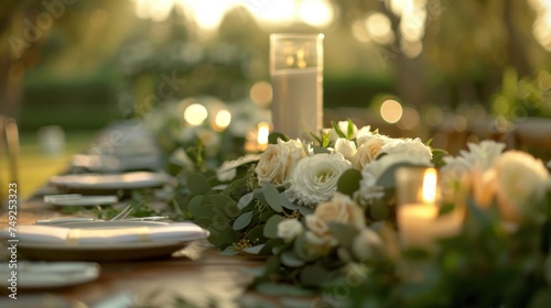 Table Settings with Floral Centerpieces: Imagine long, wooden banquet tables adorned with runner-style centerpieces composed of eucalyptus garlands intertwined with white roses