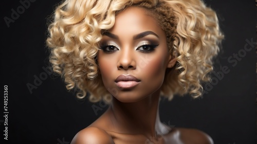 Attractive blonde haired black african woman with elegant hairstyle and light make up with long eye lashes from Generative AI
