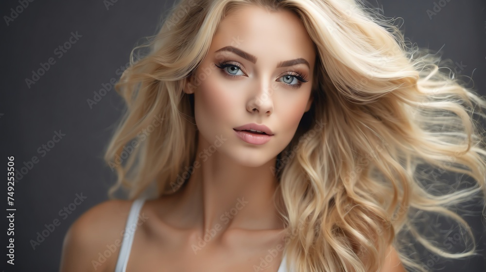 Attractive blonde model woman with straight flying hair and light make up with long eye lashes from Generative AI Attractive blonde model woman with straight flying hair and light make up with long eye lashes from Generative AI