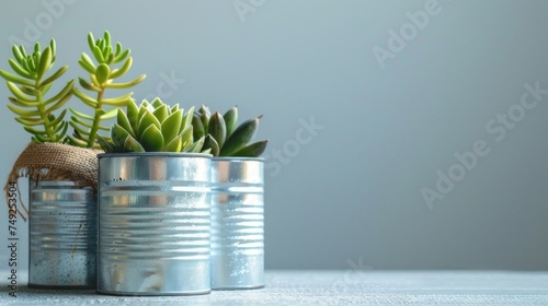 Tin Can Planters: Paint or wrap tin cans with burlap and use them as planters for small flowers or succulents photo