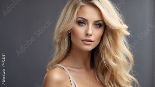 Attractive blonde model woman with straight flying hair and light make up with long eye lashes from Generative AI