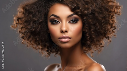 Attractive brown haired african woman with modern, trendy and elegant hairstyle and light make up with long eye lashes from Generative AI