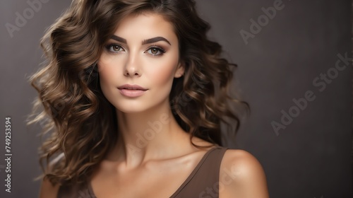 Attractive brown haired french woman with modern, trendy and elegant hairstyle and light make up with long eye lashes from Generative AI
