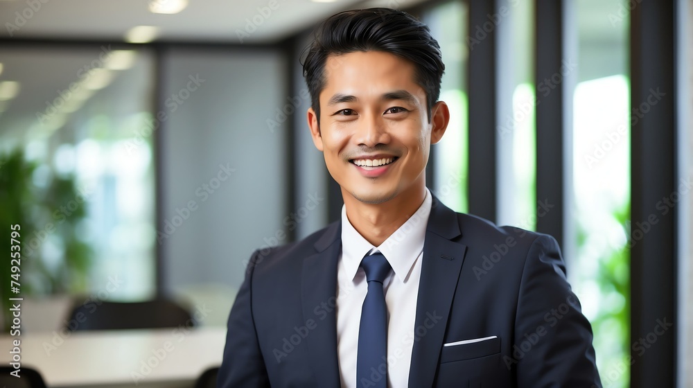 Happy employee business asian man corporate lawyer with formal suit in office background looking at camera from Generative AI Happy employee business asian man corporate lawyer with formal suit in office background looking at camera from Generative AI