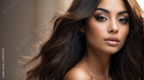 Attractive hispanic model woman with straight flying hair and light make up with long eye lashes from Generative AI