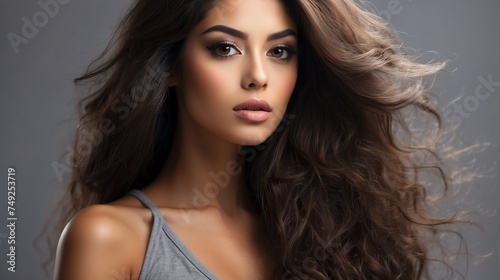 Attractive hispanic model woman with straight flying hair and light make up with long eye lashes from Generative AI