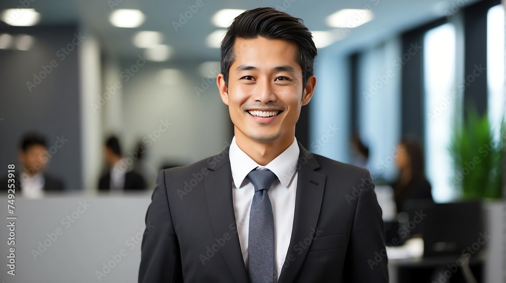 Happy employee business japanese man corporate lawyer with formal suit in office background looking at camera from Generative AI Happy employee business japanese man corporate lawyer with formal suit in office background looking at camera from Generative AI