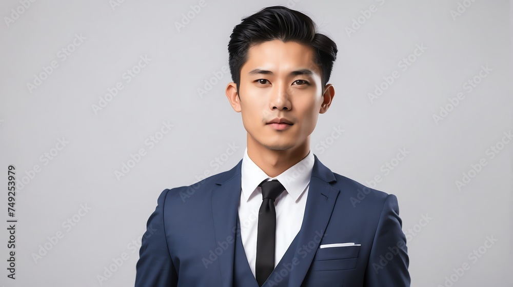 Stylish handsome attractive charming young asian man in suit and tie on plain white background from Generative AI Stylish handsome attractive charming young asian man in suit and tie on plain white background from Generative AI