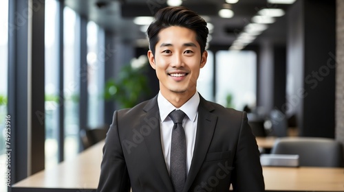 Happy employee business korean man corporate lawyer with formal suit in office background looking at camera from Generative AI