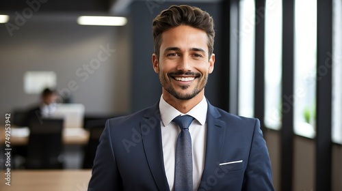 Happy employee business man corporate lawyer with formal suit in office background looking at camera from Generative AI