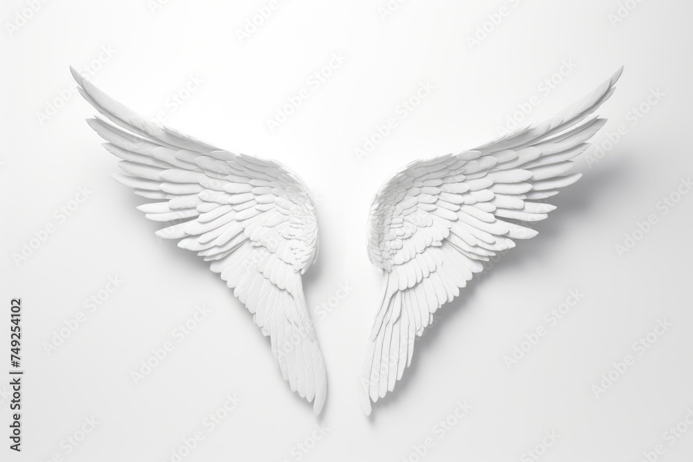 Angelic White Wings Isolated. Sculptural white plaster wings on a pure white background, conveying a sense of peace and angelic grace. Angelic White Wings Isolated. Sculptural white plaster wings on a pure white background, conveying a sense of peace and angelic grace.