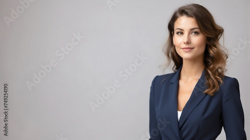 Stylish pretty attractive charming young french woman in formal dress on plain white background from Generative AI