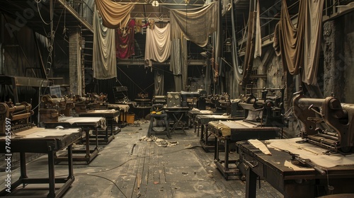 les miserables, background setting for theater, workplace, sets of sewing machines on long tables together with fabric and needles and sewing tools, sewing factory, messy ground 