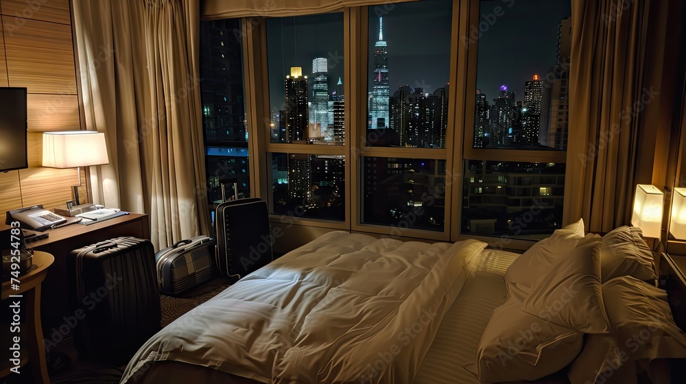 luxury hotel room, photo taken on snapchat, photo taken from entry door to hotel room, luggage in front, looking at bed, skyline at night visible through windows 