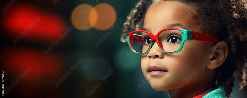 Young Boy Wearing Red Glasses Against Colorful Background