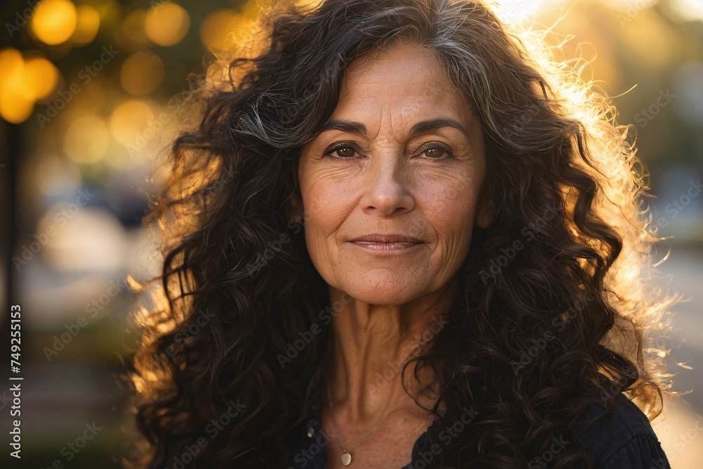 portrait of a 60 year old American woman with long flowing curly black hair in the park portrait of a 60 year old American woman with long flowing curly black hair in the park