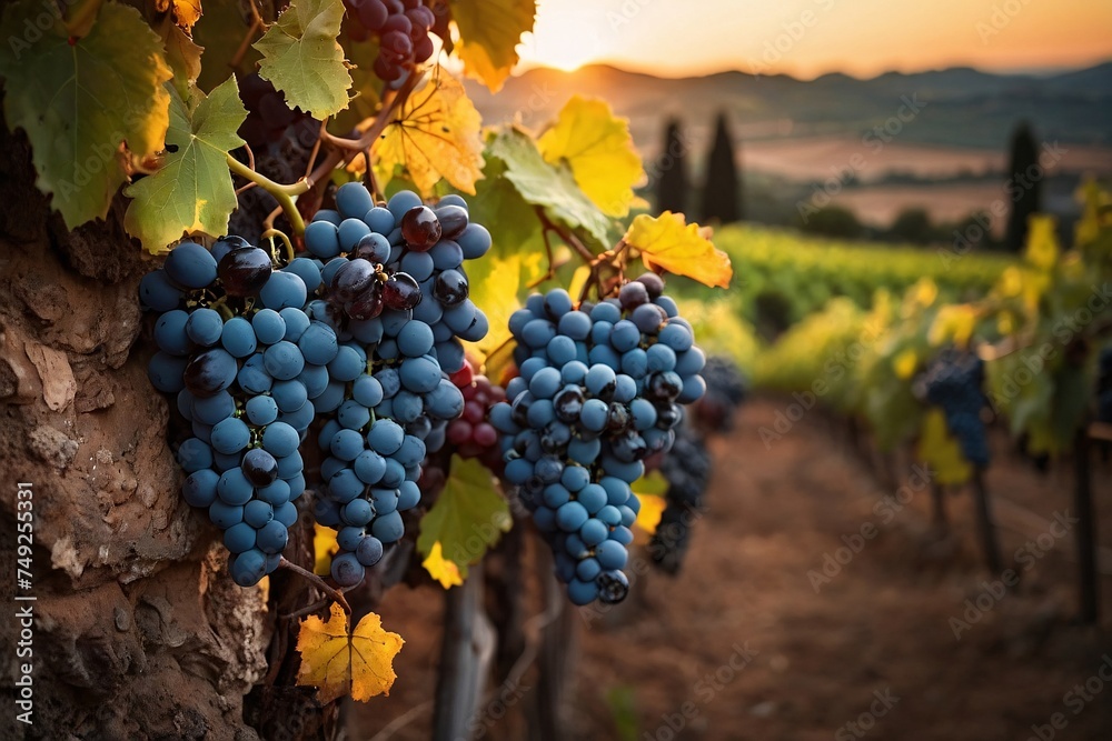 Obraz premium Ripe wine grapes on Wine farm during a sunset warm light.
