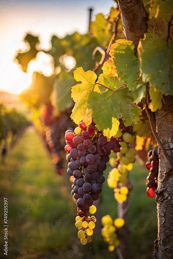 Fototapeta premium Ripe wine grapes on Wine farm during a sunset warm light.