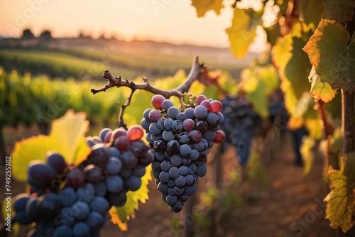 Ripe wine grapes on Wine farm during a sunset warm light.