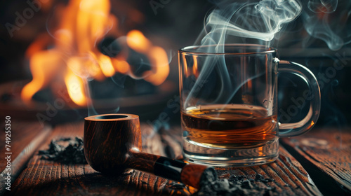 Composition of relaxation with smoking pipe and whiskey. Generative AI