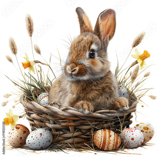 easter bunny and eggs in a basket isolated against transparent background