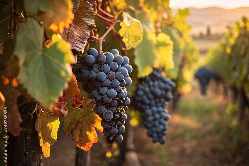 Ripe wine grapes on Wine farm during a sunset warm light.