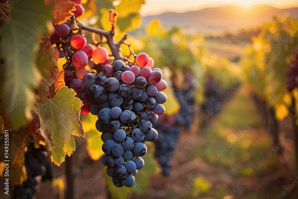 Ripe wine grapes on Wine farm during a sunset warm light.