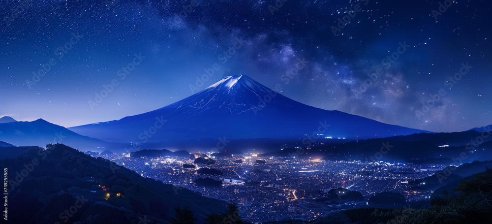 A city nightscape, a night sky and a mount Fuji styled mountain. Night skies over the land of the rising sun.
