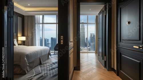 luxury hotel room that the door half-open ,the right side is the black colour door open, the left side is the room inside view, the design is modern 