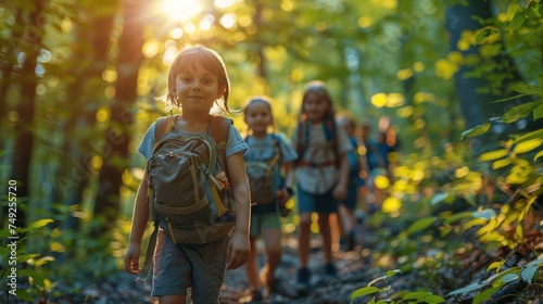 Group of children hiking through the forest during summer holiday. Generative AI.
