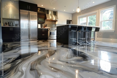 Modern kitchen, nicely furnished, the floor is made of epoxy resin. Generative ai