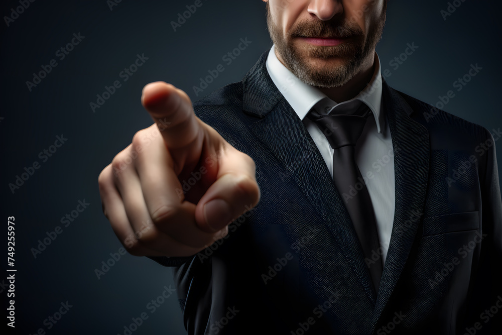 Businessman wearing suit pointing finger at camera in front of dark background Businessman wearing suit pointing finger at camera in front of dark background