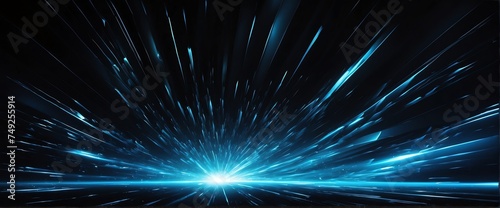 Wide angle panoramic view of abstract blue flash of bright sparkling light rays on plain black background from Generative AI
