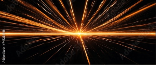 Wide angle panoramic view of abstract orange flash of bright sparkling light rays on plain black background from Generative AI