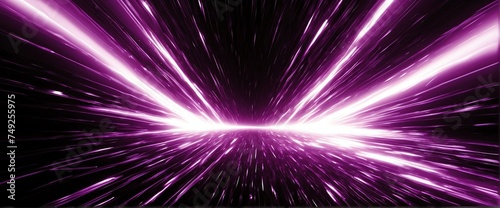 Wide angle panoramic view of abstract purple flash of bright sparkling light rays on plain black background from Generative AI