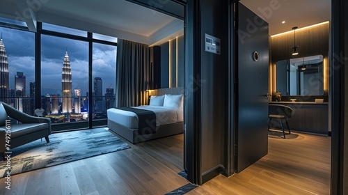 luxury hotel room that the door half-open  the right side is the black colour door open  