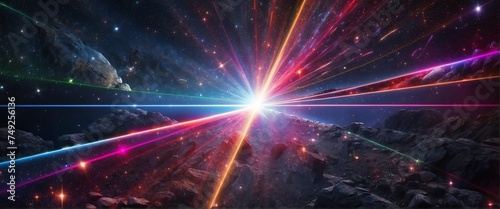 Wide angle panoramic view of colorful laser light beam on dark space universe cosmos background from Generative AI