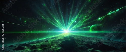 Wide angle panoramic view of green laser light beam on dark space universe cosmos background from Generative AI