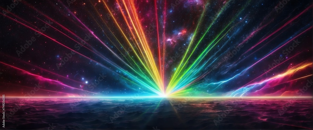Wide angle panoramic view of rainbow colored laser light beam on dark space universe cosmos background from Generative AI