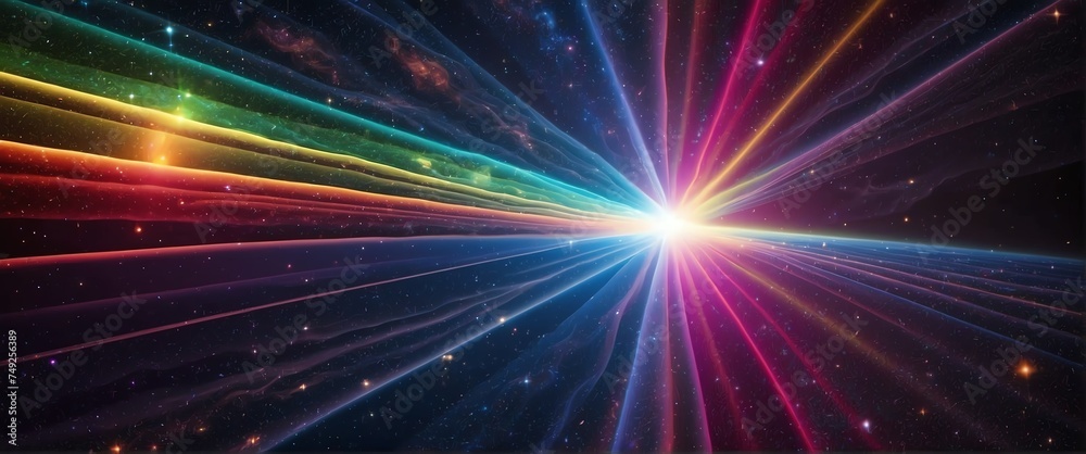 Wide angle panoramic view of rainbow colored laser light beam on dark space universe cosmos background from Generative AI