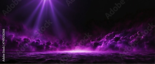 Wide angle panoramic view of purple light beams on smoky texture spotlight on plain black background from Generative AI
